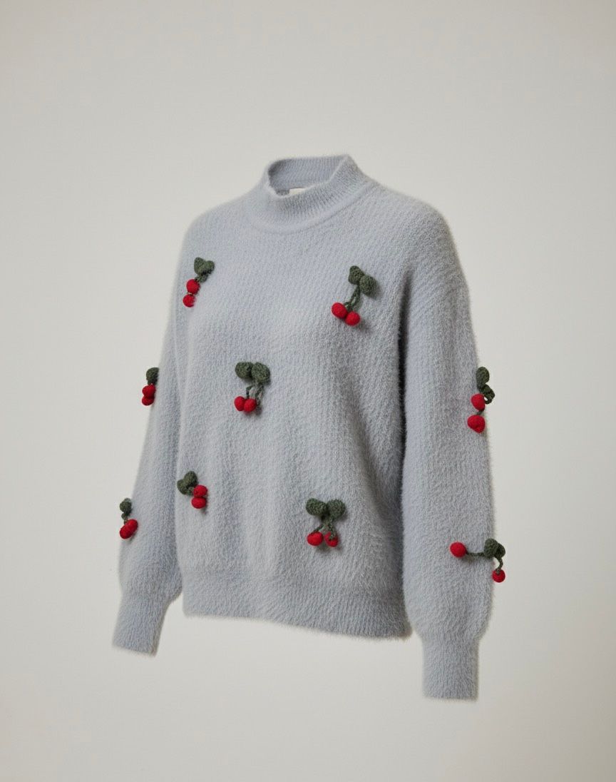 كنزة صوفية مطرزة بالكرز-رمادي