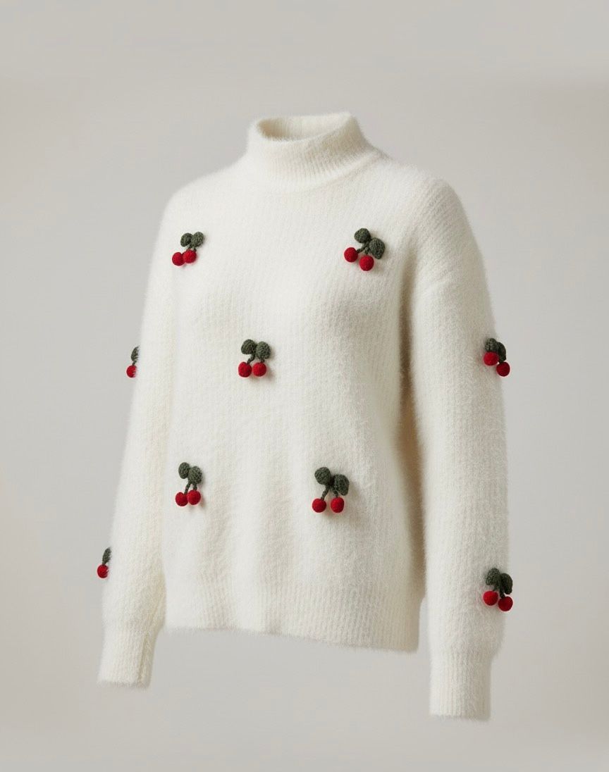 كنزة صوفية مطرزة بالكرز-ابيض